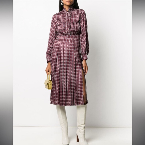 Sandro Burgundy Checkered Midi Dress - threedaughtersproperties.com